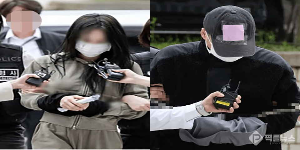 손흥민의 아이를 임신했다고 주장하며 돈을 뜯어내려 한 20대 여성 양모씨(왼쪽)와 40대 남성 용모씨가 지난 5월 구속 전 피의자 심문을 받기 위해 서울중앙지법에 들어서고 있다.